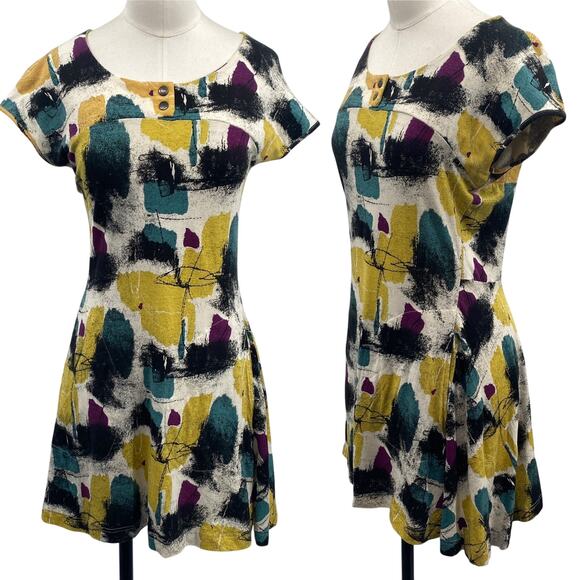 Effies Heart Mini Dress Abstract Artsy Paint Print Fit & Flare Cotton Medium - Picture 1 of 10